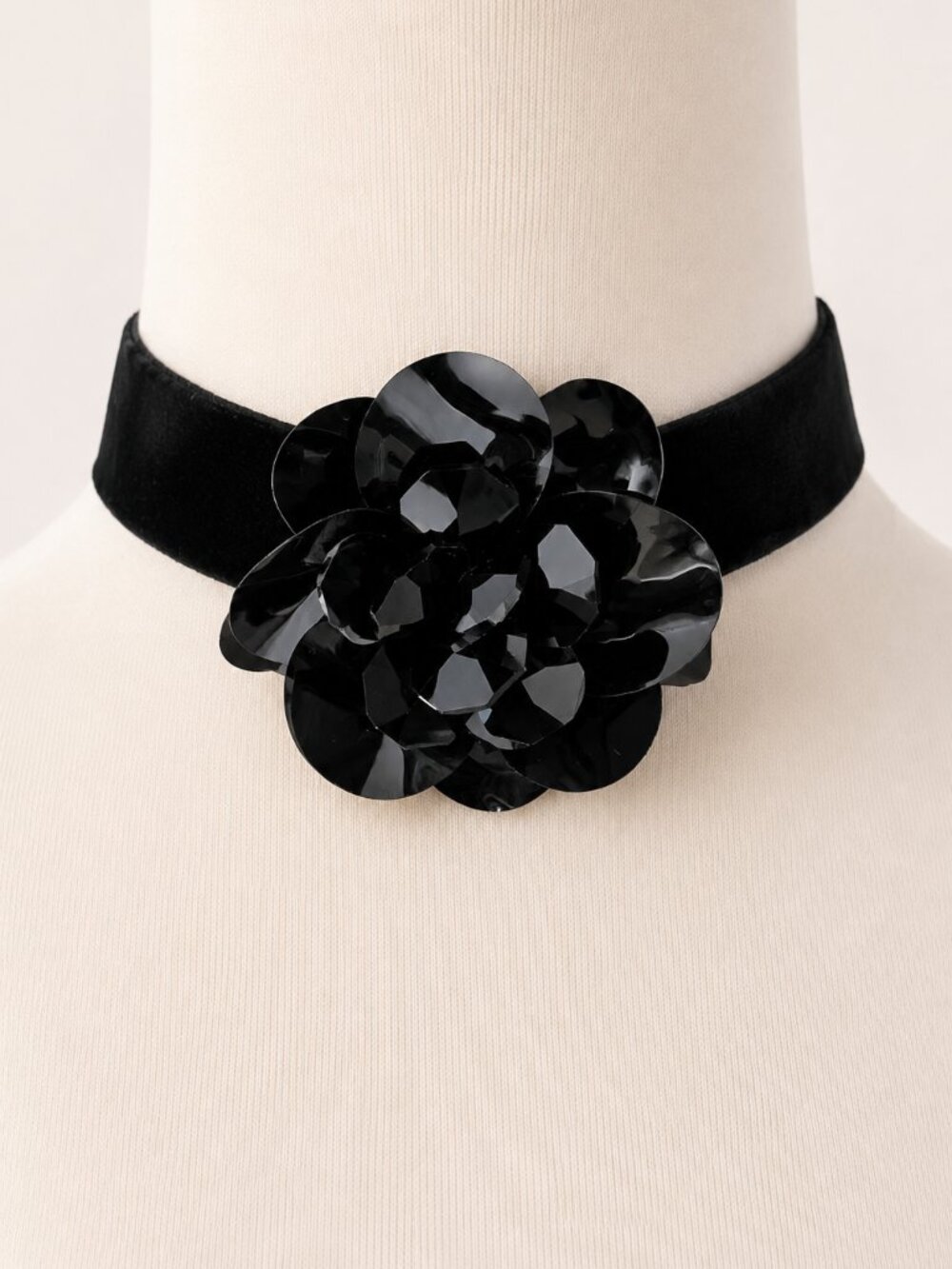 Vogline Paris Black Velvet Faceted Oversized Floral Statement Choker France